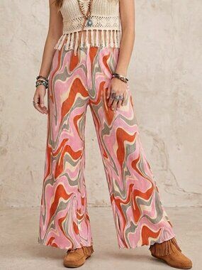 Hippie Festival Crinkle Lettuce Hem Wave Print Flare Pants Size Medium Mello Day